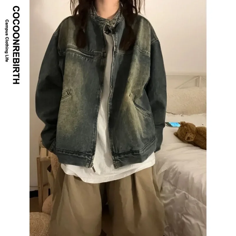 

American Motorcycle Washed Denim Jacket Men Women Retro Zipper Design Gradient Baseball Jackets Unisex Stand Collar Cargo Coat