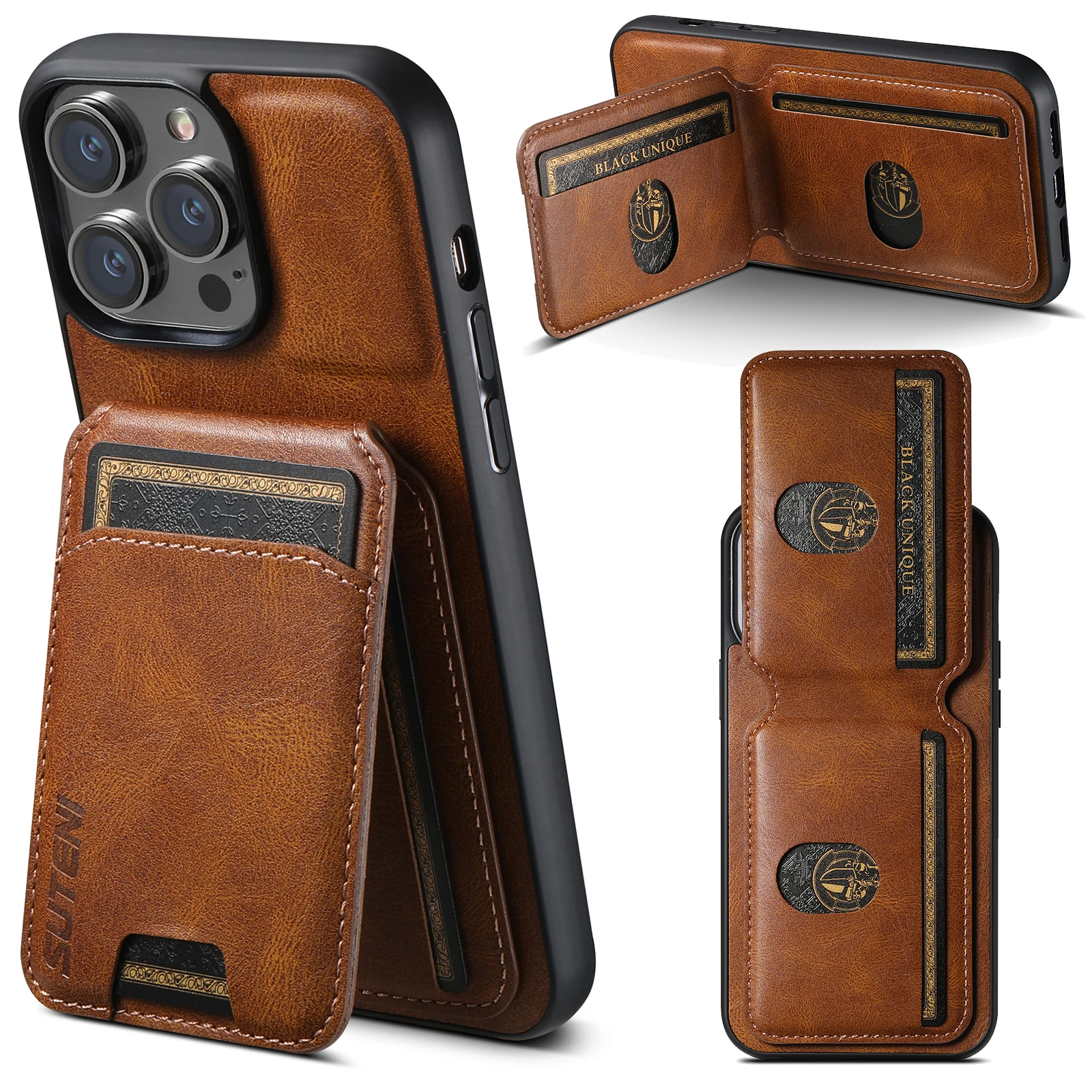 thumbnail image 1 of SUTENI Card Holder Leather Magnetic Pocket Cover Wallet Phone Case For iPhone X XS XR 11 12 13 14 15 Pro Max Plus, 1 of 4