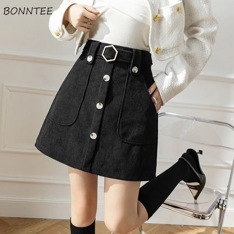 

High Waist Skirt Women Mini Vintage Belt Hotsweet Girls Corduroy Korean-style All-match A-line Solid Button Design Leisure New