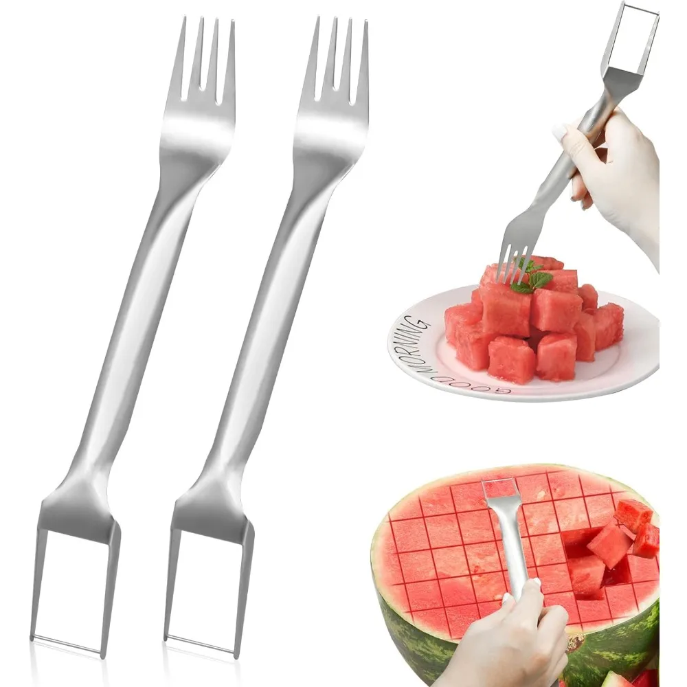 2-in-1 Stainless Steel Fruit, Portable Watermelon Fork Watermelon Cutter Slicer Tool Fruit Forks for Home Camping Kitchen (2PCS)