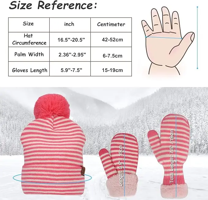 Winter Toddler Pom Beanie Hat and Mittens Gloves Set Warm Knit Fleece Lined for Boy Girl Kids Age 2-5