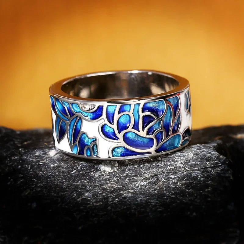 Silver Ring Wedding Rings Silver Rings Ladies Classic Epoxy Enamel Blue Flower Ladies Ring 925 Silver Jewelry Wedding Ring Bridal Jewelry Wide Silver