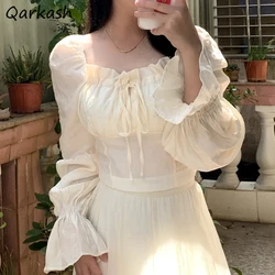 Flare Sleeve Blouses Women Sexy Crop Tops Temper Summer Holiday Lady Solid Aesthetic Basics Square Collar Clothing Vintage Daily