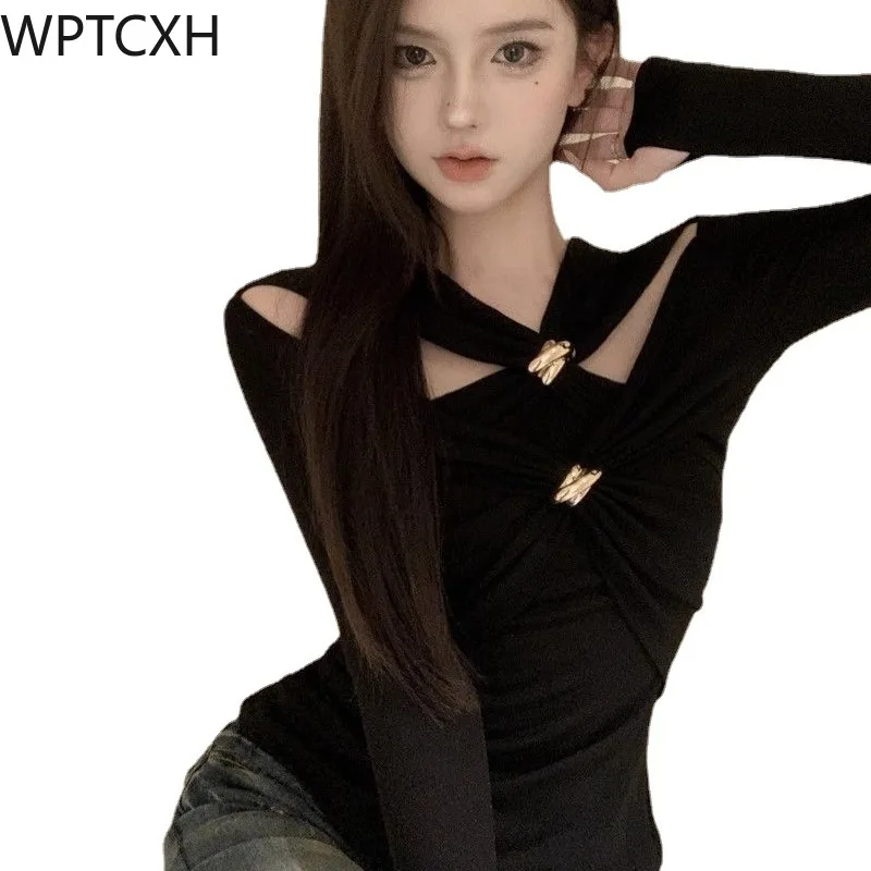 

T-Shirt for Women V-neck Long Sleeve Tops Cross Hollow Out Design Temperament All-match Tee Shirt Y2k Aesthetic 2024 Spring Tide