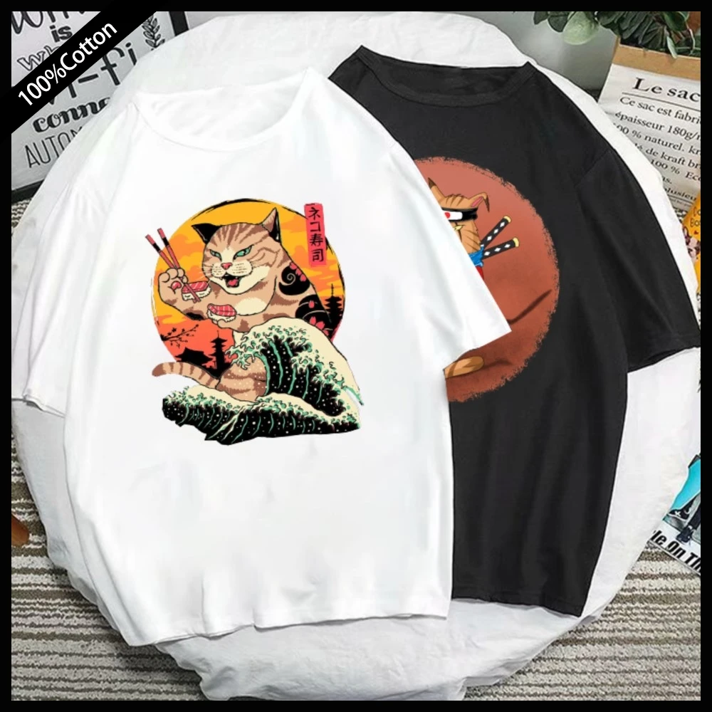 

Japan Catana Samurai Cat Tshirts Funny Bad Ass Cat Print Short-sleev Tee Women Men Casual Fashion Streetwear Roupas Masculinas