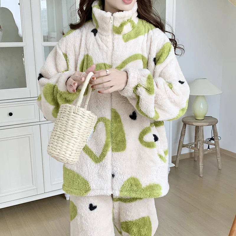 

Winter Women's Pajamas Set Coral Fleece Zipper Sleepwear Thicken Warm Flannel Pyjama Pants 2 Piece Casual Nightwear Home Clothes