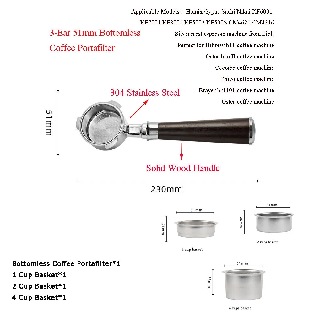 Portafiltro de café sin fondo de 51mm para cafetera Homix Gypas Sachi Nikai  Oster Phico Cecotec Hibrew, 1, 2, 4 cestas - AliExpress