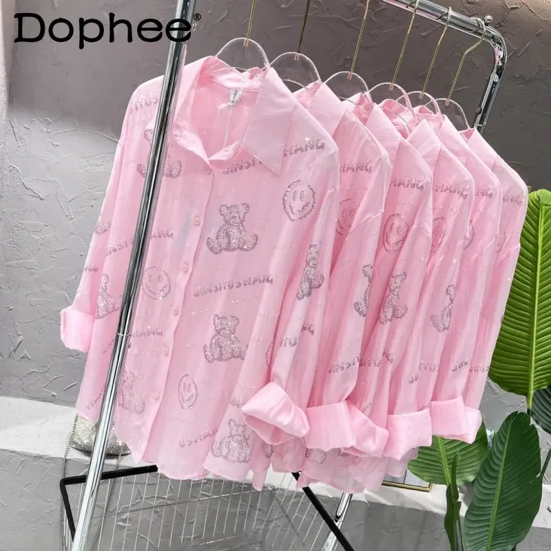 2023 Summer New Letter Bear Hot Drilling Light Cool Sun Protection Shirt Women's Loose Casual See-through Sweet Pink Blouses Top