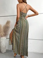 Women's Summer Ethnic Pattern Backless Split Thigh Dress Ladies Summer Clothes Boho Fashion Frill Trim Long Dress for Beach - Image 3