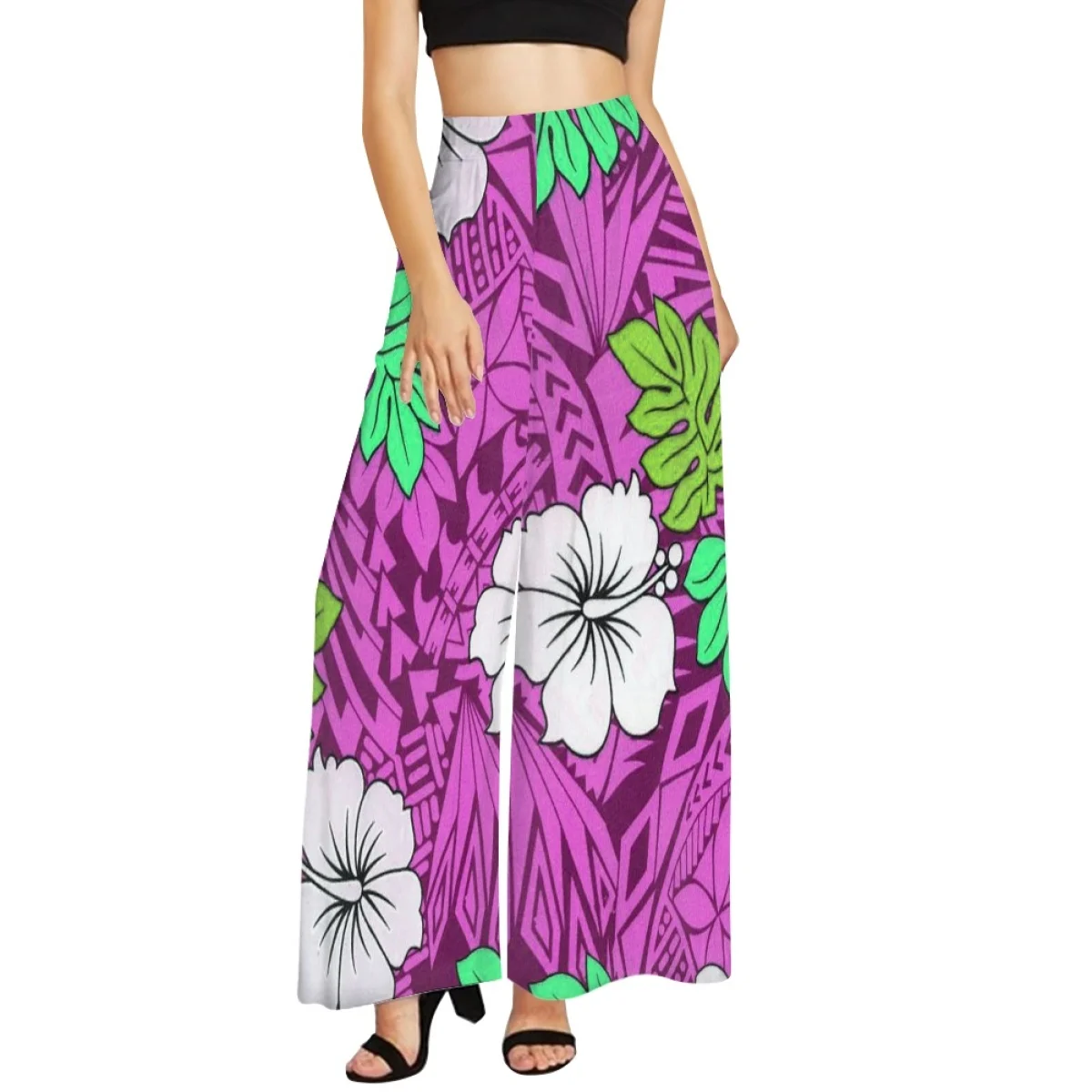 

Long Wide Leg High Waist Pants for Women, Sexy Polynesian Print, Hycool Purple, Hibiscus, Plus Size, Summer, Free Shipping, 2023
