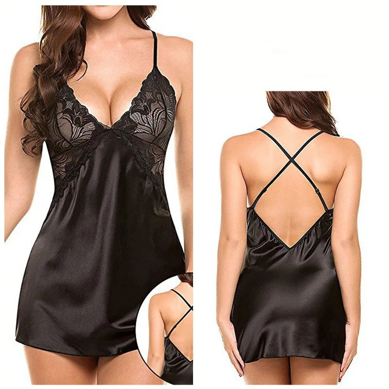 2025 New Sexy Lingerie Women's V Neck Nightwear Satin Sleepwear Lace Nightdress And Panty Pijamas Sets Female Sexy Nighty