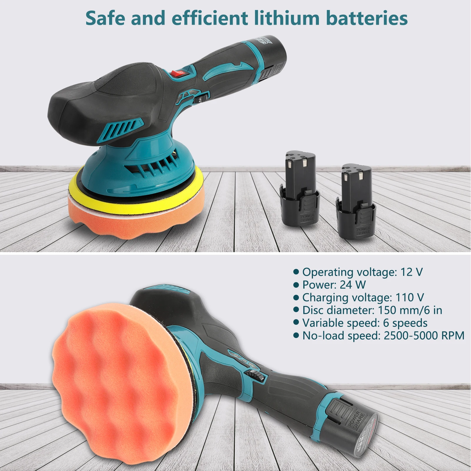 Car Polisher 6 Variable Speed Battery Powered Cordless Powerful Motor Ergonomic Handle Car Polishing Dual Action Buffer Pol