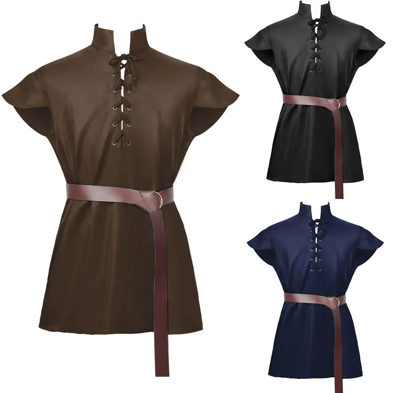 

New Medieval Men's Renaissance Stand-up Collar Short Sleeve Inside Shirt Stage Performance Clothes