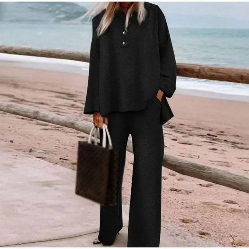 2022 Fashion Women Pant Sets 2 Pieces Spring Suits Casual Long Sleeve Solid Blouse Long Wide Leg Trousers Loose Matching Sets plus size jogging suits