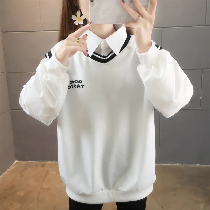 여성용 폴로 넥 긴 풀오버 소매, 스플라이싱 대조 색상, 페이크 투피스 패션, 캐주얼 한국 상의, 용수철 가을