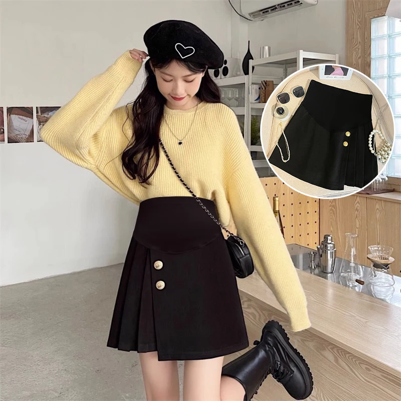 Good Quality Pregnant Woman Winter Woolen Skirt Irregular Side Pleated A-line Skirts Black Maternity Belly Skirt with Buttons
