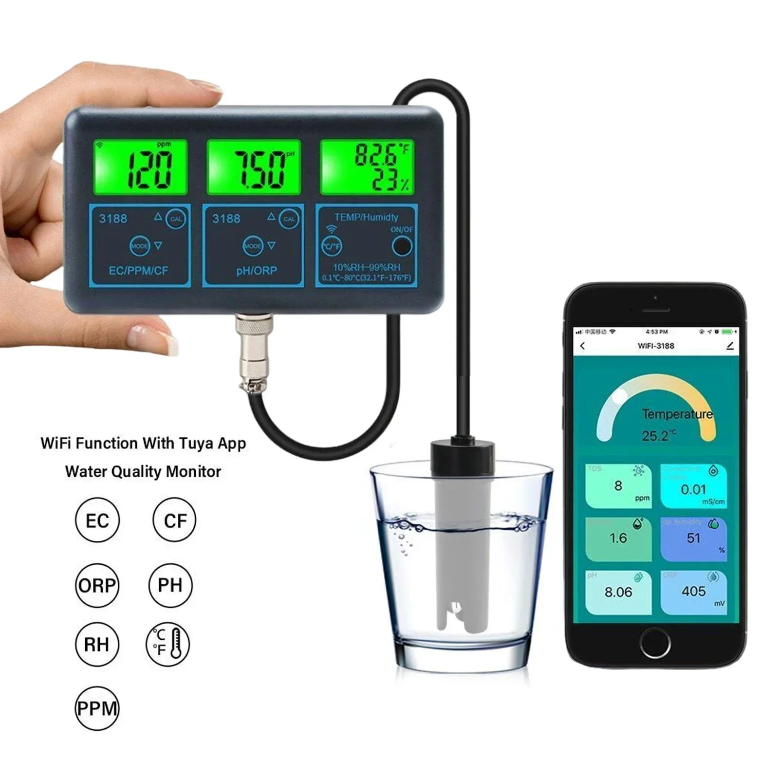 

Intelligent WiFi Connection 7-in-1 Water Quality Analyzer Bluetooth APP Online Controller Tester PH EC ORP TDS RH% CF TEMP Meter