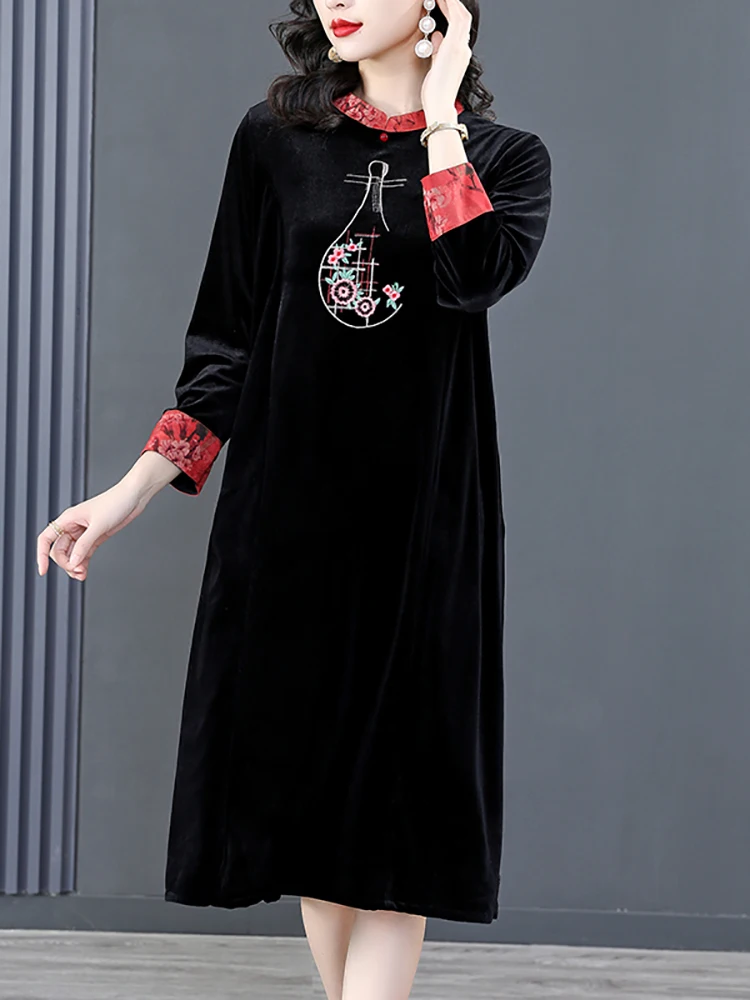 

Autumn Winter Luxury Velvet Embroidery Elegant Party Dress Women Korean Vintage Hepburn Vestidos 2024 Bodycon Chinese Prom Dress