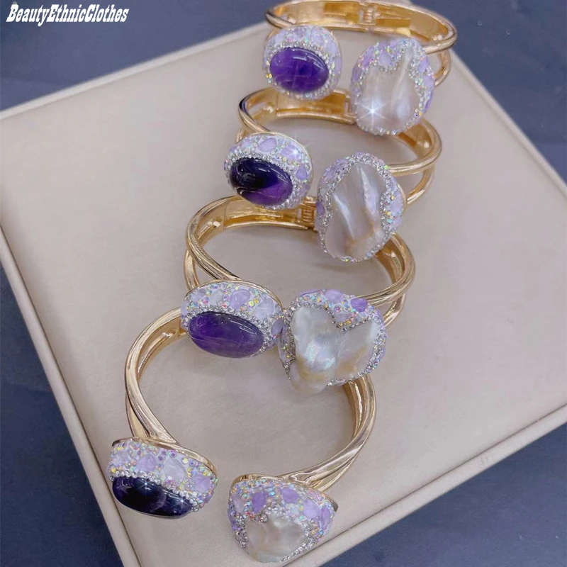 Luxury Natural Baroque Pearls Amethyst Bracelet Open Bangle Women
