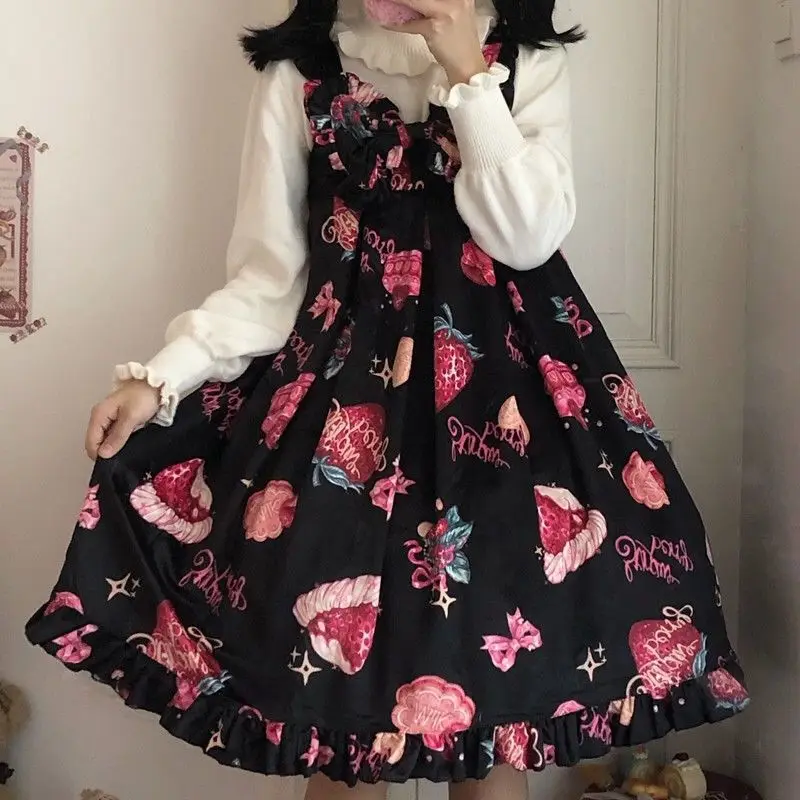 Vestido Lolita sin mangas para mujer, vestido Kawaii japonés, fresa, Jsk, tirantes, Cosplay