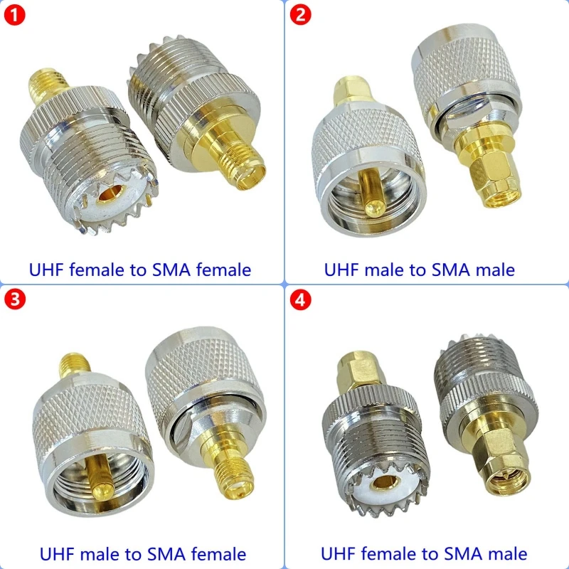 อะแดปเตอร์เชื่อมต่อสายโคแอกเชียล PL259 UHF SO239 เป็นปลั๊กตัวผู้ SMA และแจ็คตัวเมีย พร้อมขั้วต่อสายตรง SMA เป็น UHF ตัวผู้ ตัวเมีย วัสดุทองเหลือง 1