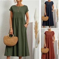 Women Elegant Solid Maxi Dress Summer Short Sleeve O Neck Vintage Harajuku Cotton Linen Loose Sundress Y2K Pockets Long Dress