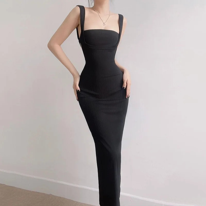 

Spring Summer Sexy Solid Color Knitted Lace-up Backless Spaghetti Strap Bodycon Dress Fashion Women's Long Skinny Dresses