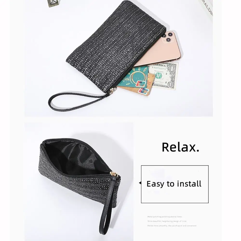 Fashion Ladies Weaving Bag Wristlet Clutch Women Daily Money Phone Clutch Solid Straw Woven Coin Purse Beach Wallet Card Holder 6