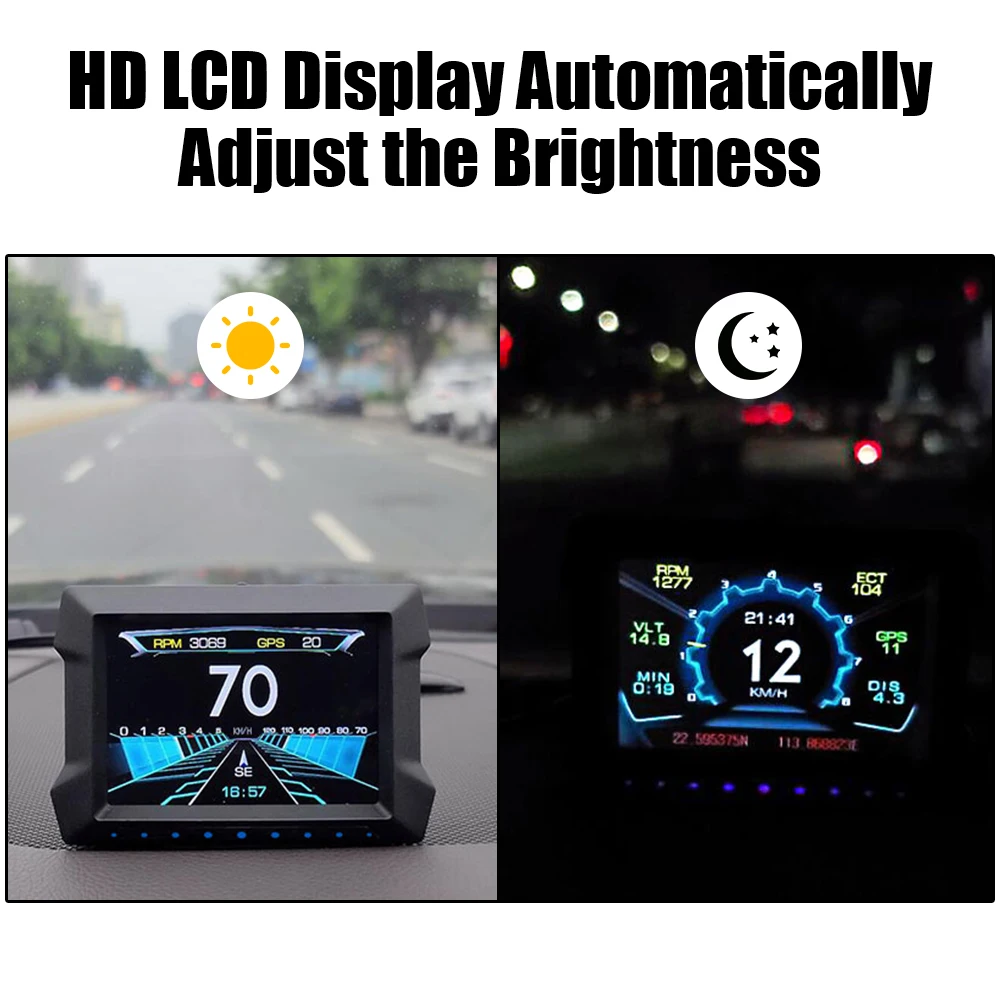 헤드업 디스플레이 속도계 자동차 전자 기기, P22 듀얼 시스템 HUD OBD2 GPS 경사 틸트 계량기, 과속 저전압 알람 포함
