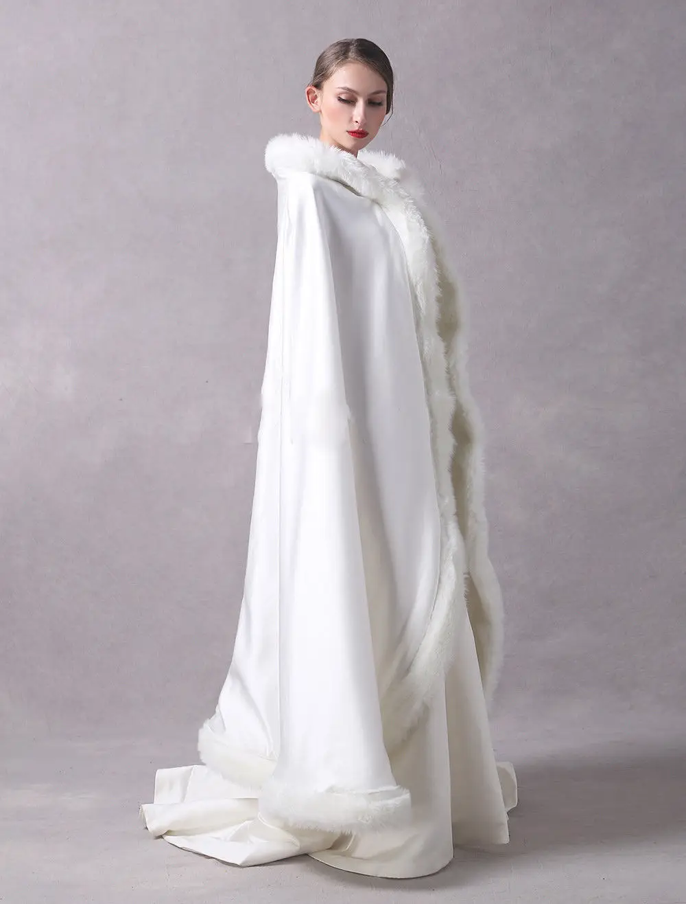 Long Wedding Party Cloak Women Coat Faux Fur Bride Winter Reversible Cape Hooded