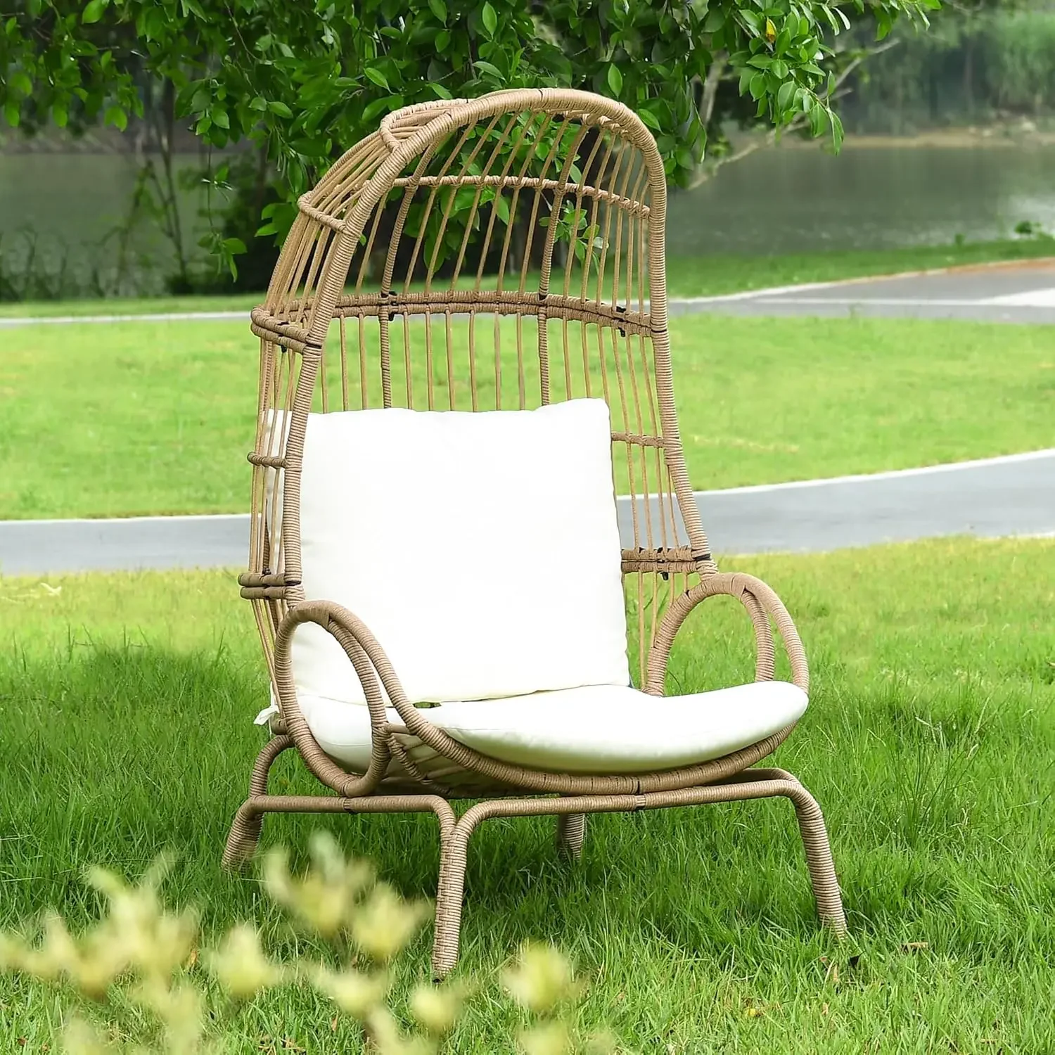 Rattan Basket Chair with 370lbs Capacity Indoor Egg Chairs with Stand & Cushion Cocoon Chair for Bedroom, Patio, Balcony - Beige 6