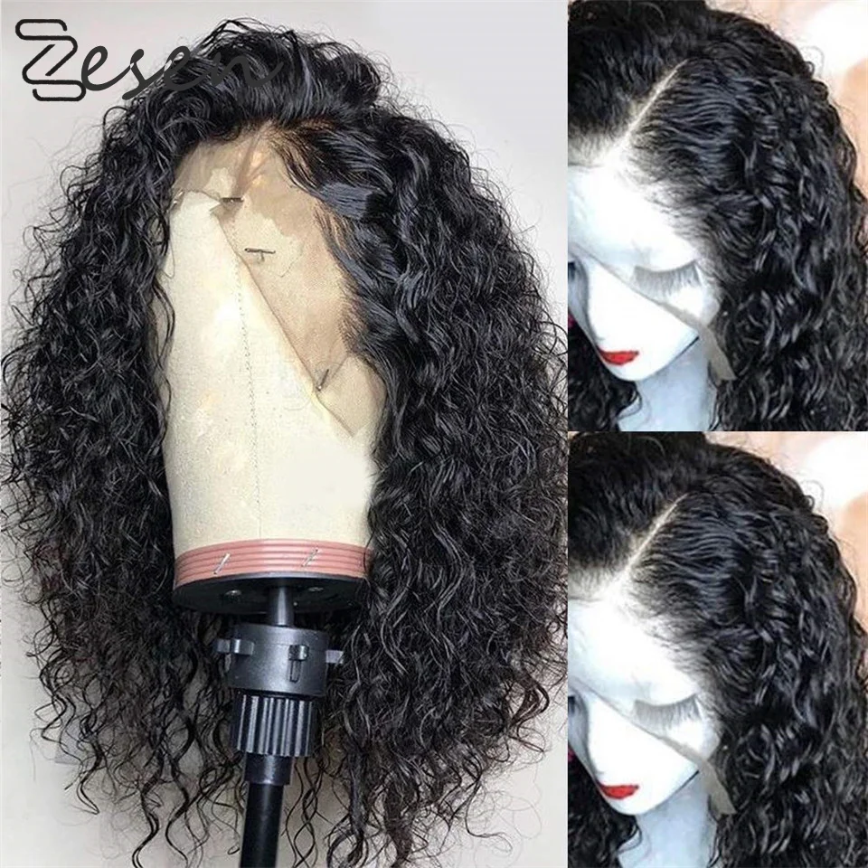 ZeSen Loose Curler Synthetic 4*4 Silk Base Lace Front Wigs Black Color Long Water Wave Wig For Women High Temperature Fiber Hair