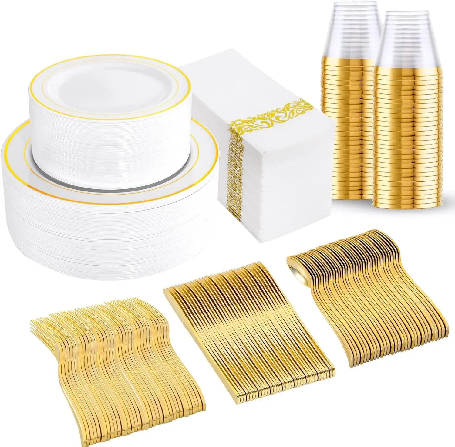 350PCS Gold Plastic Dinnerware Set-Gold Plastic Plates Disposable for 50 Guests Include 50 Dinner Plates,50 Dessert Plates
