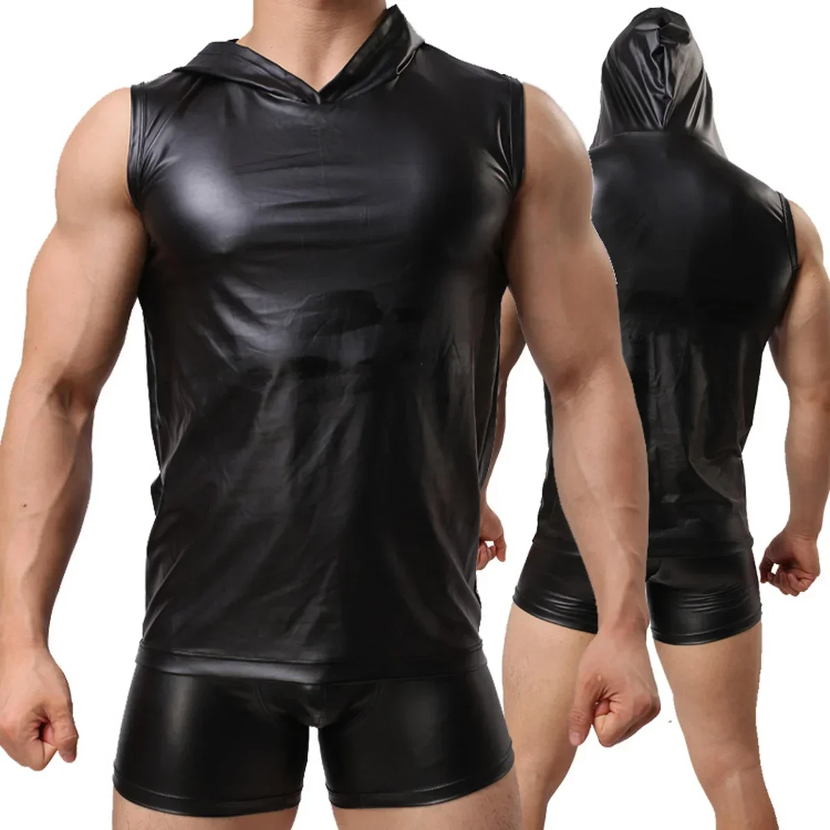 Men Sets Faux Leather Hooded Vest Tank Tops + Boxer Shorts Suits Langerie Hoodies Tops Trunk Male Undershirt Stage Show Clubwear