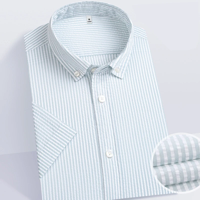 Luxury Button Down Summer Breathable Seersucker 100% Cotton Short-Sleeve Shirts For Man Fashion Design Shirt Summer Clothes Man