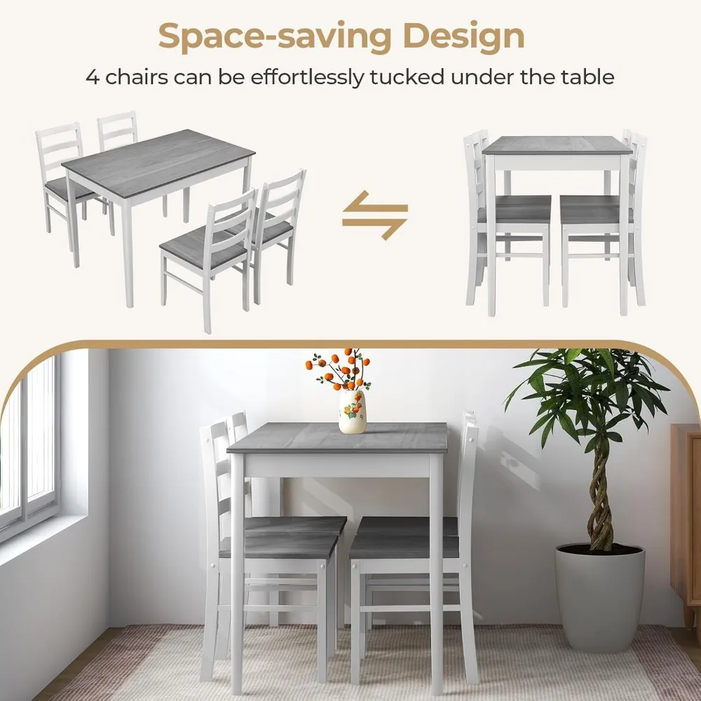 Dining Table Set for 4, Farmhouse Solid Wood Dinette Set w/Rubber Wood Legs, Mid-Century Modern Dining Table and Chairs 5