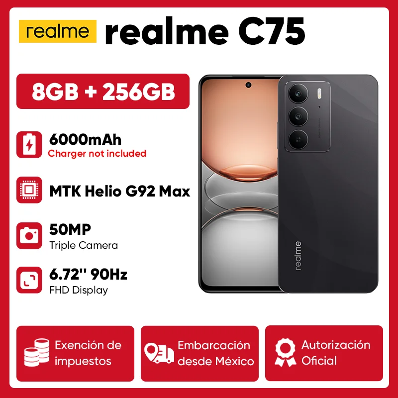 Global Version realme C75 Smartphone MediaTek Helio G92 6.72'' 90Hz Display 6000mAh Battery 50MP Camera 45W Fast Charging IP69