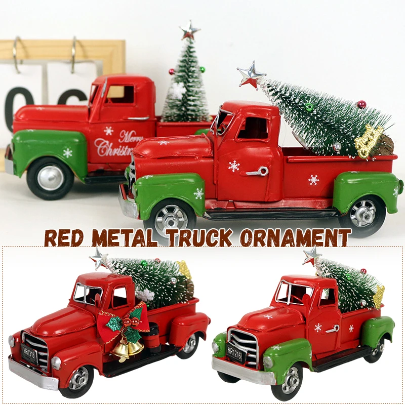 

Metal Christmas Vintage Red Truck Decor Ornaments With Mini Xmas Tree Rustic Retro Farmhouse Holiday Xmas Party Decor Crafts