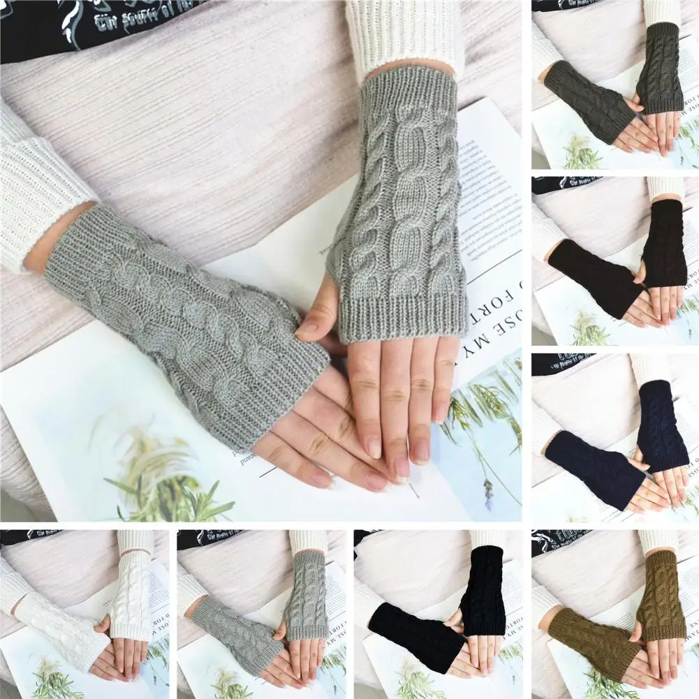 

1 Pair Women Winter Gloves Crochet Knitting Mittens Warm Half Fingers Solid Color Gloves Twist Pattern Women Gloves Hands Warmer