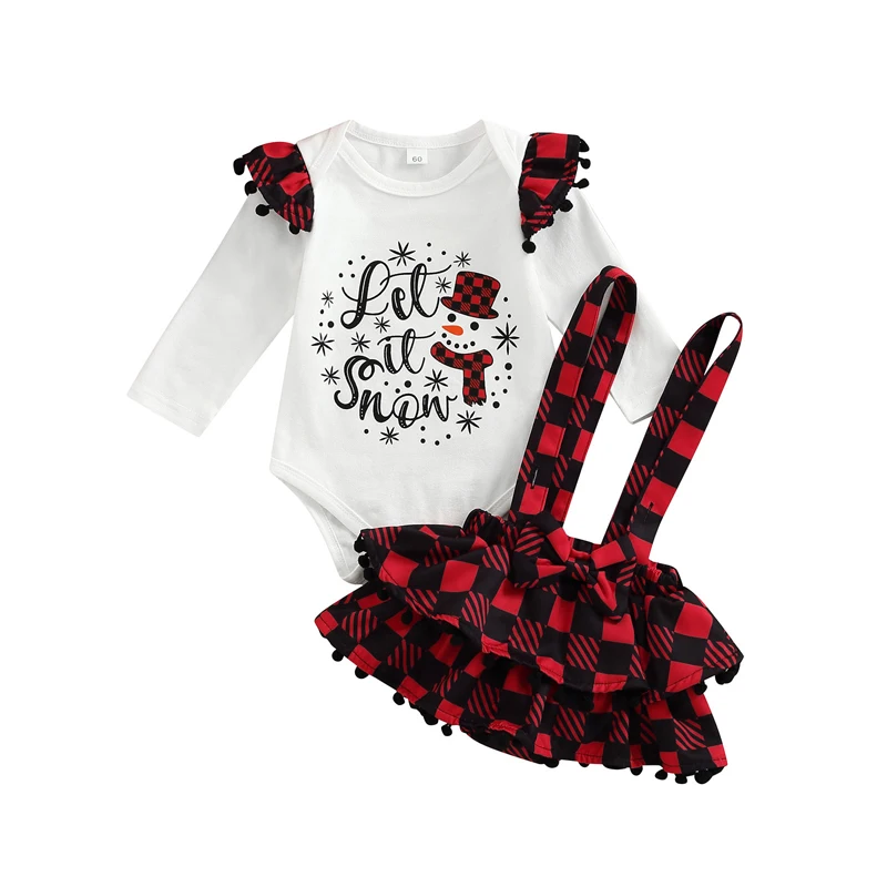 

2Pcs Baby Girl Christmas Outfits Long Sleeve Ruffle Bodysuit + Buffalo Plaid Suspender Skirt Set 0-18M Clothes