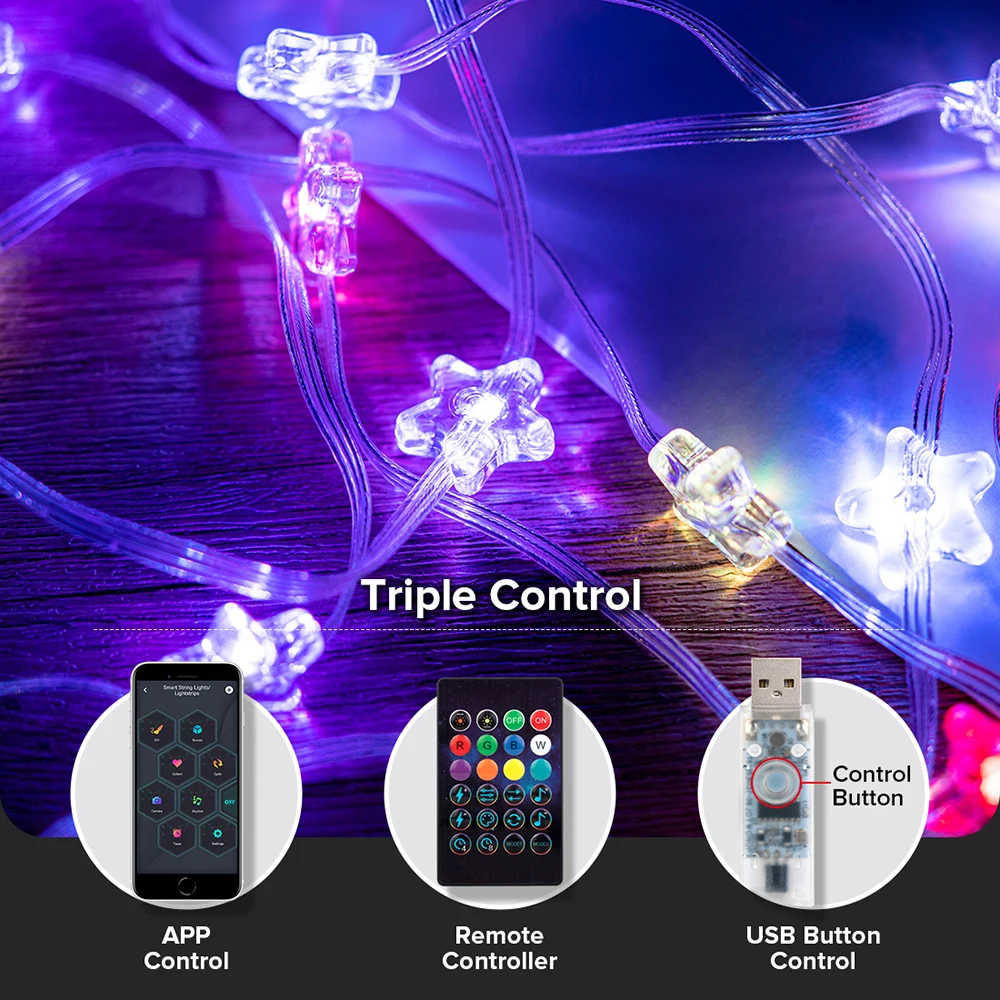 USB 크리스마스 조명 문자열 WS2812B RGB 드림 컬러 생일 장식 파티 스타 딸기 조명 룸 USB App 원격 조명