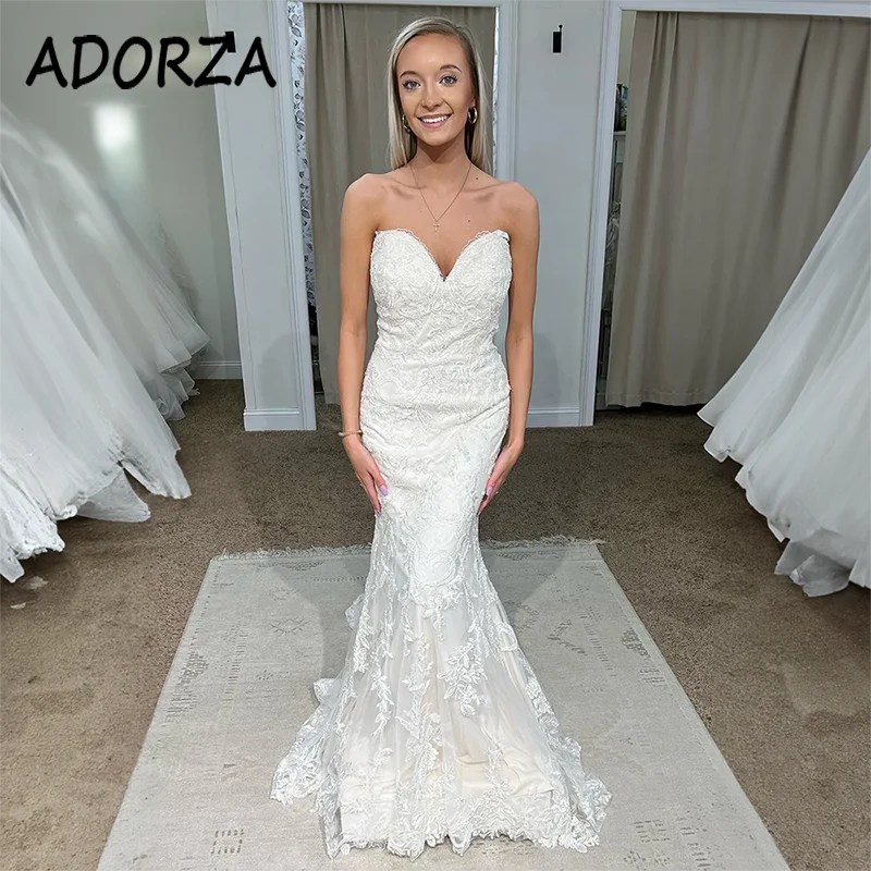 

ADORZA Wedding Dress Lace Appliques Satin Sweetheart Bridal Gown Elegant Mermaid Backless Court Train Vestido De Noiva for Bride