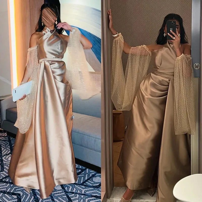 Aleeshuo   Saudi Arabia Satin Prom Gowns Elegant Off Shoulder Halter Sleeveless Tiered Long Formal Occasion Evening Party Dress