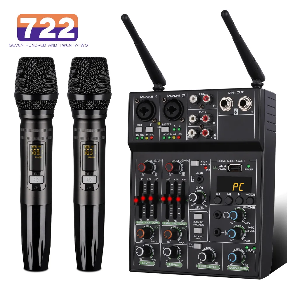 

4 Channel Audio Mixer Professional UHF Wireless Microphone Stage Performance Karaoke Microphone Sound Mixer 48V Phantom Power