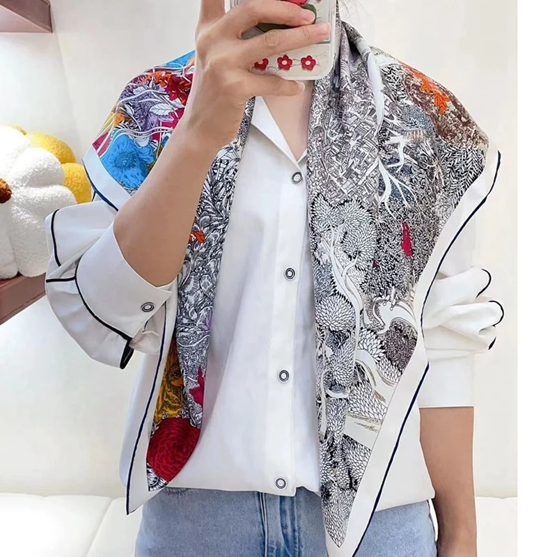 14mm 100% Silk Bandana Scarf Neckerchief 2022 Winter Popular Print Large Square Silk Shawl Cape Echarpe 35\