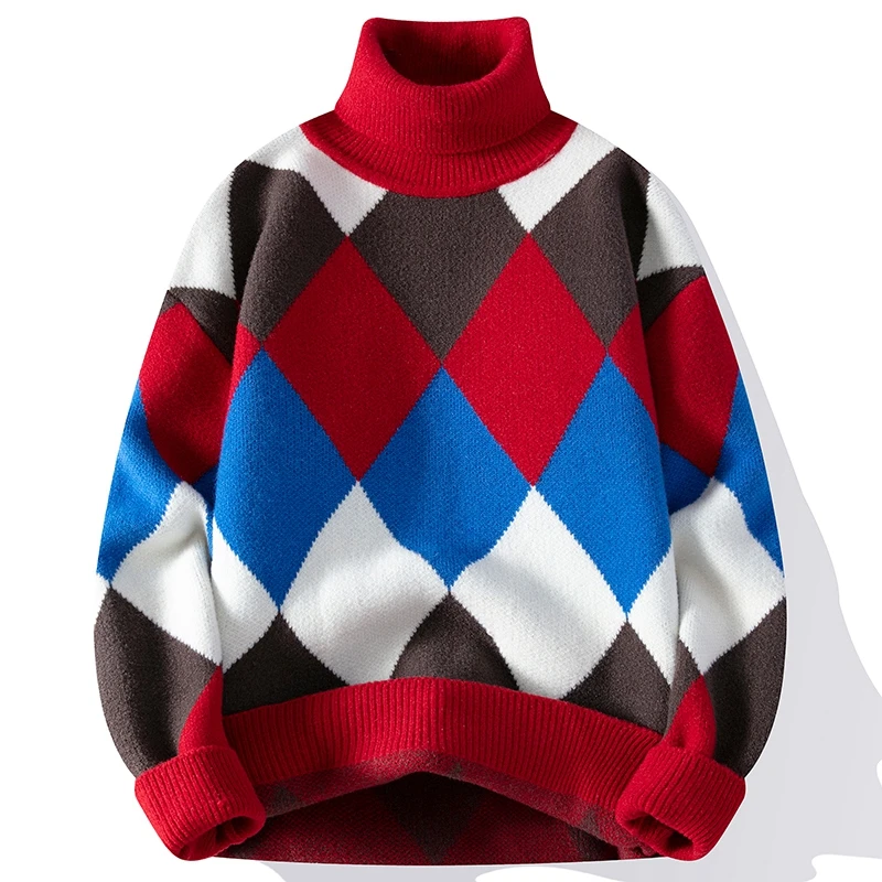 

2023 New Fall Winter Men Thick Warm Turtleneck Sweater Mens Top Quality Argyle Wool Knitwear Male Fashion Handsome Soft Pullover