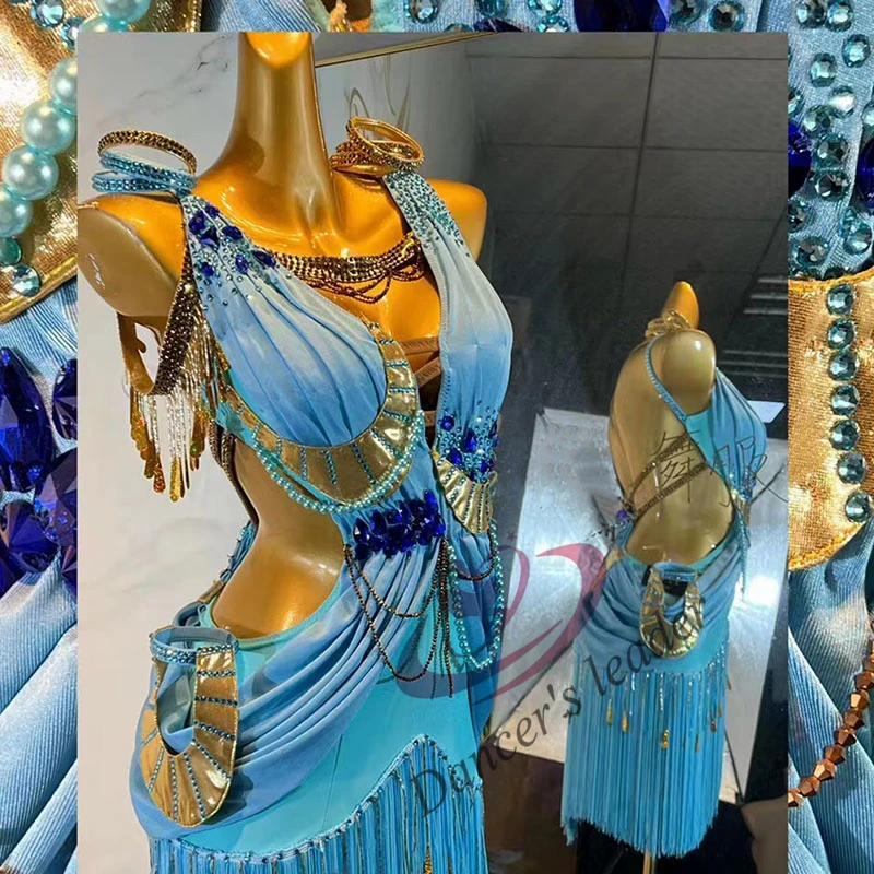 

Latin Dance Competition Women's High-end Customized Colorful Patchwork With Diamond Rumba Tango Performance Dress for Children