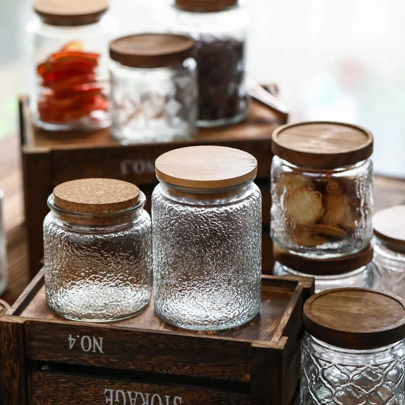 Retro Begonia Flower Small Glass Sealed Jar Acacia Wood Cover Candy and Snacks Storage Tank Dried Fruit Tea Storage Tank 2