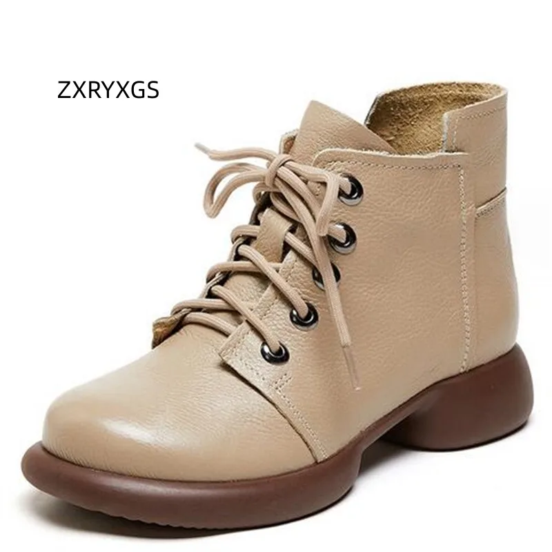 

ZXRYXGS British Style Lace-up Genuine Leather Single Boots Women Boots 2023 Autumn Winter Comfort Warm Snow Boots Fashion Shoes