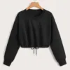 Women Long Sleeve Sweatshirt Fashion Solid Crop Top Soft Daily Loose Drawstring Hem Womens O-Neck Trendy Basic Femme Pullovers 3